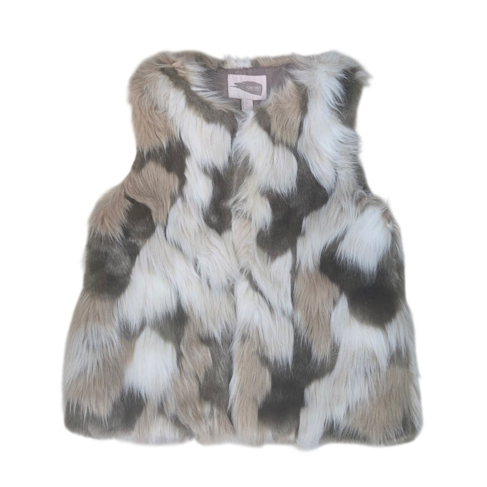 Forever 21 Contemporary Faux Fur Vest S Patchwork Animal Print Sleeveless Coat